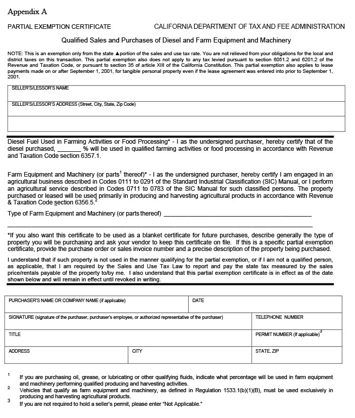 Partial Exemption Certificate; Qualified Sales And Purchases of Diesel And Farm Equipment And Machinery